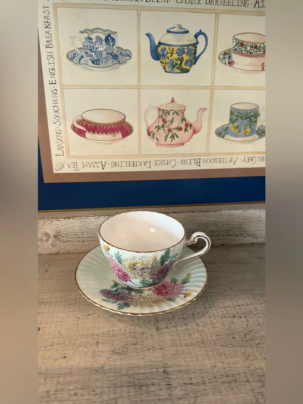 Paragon England Chrysanthemum Tea Cup Light green background gold highlights